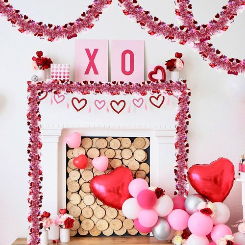 50FT Valentines Day Decor Red Pink White Heart Tinsel Garland Valentines Decorations Garland for Tree Party Classroom Fireplace Home, Galentines Day Decor Indoor Outdoor Romantic Party Decor