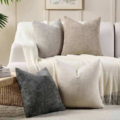 Volcanics Boho Throw Pillow Covers 20x20 Set of 4, Neutral Chenille Decorative Cushion Covers for Couch, Sofa, Bedroom, Living Room, Farmhouse & Mid-Century Modern Home Decor