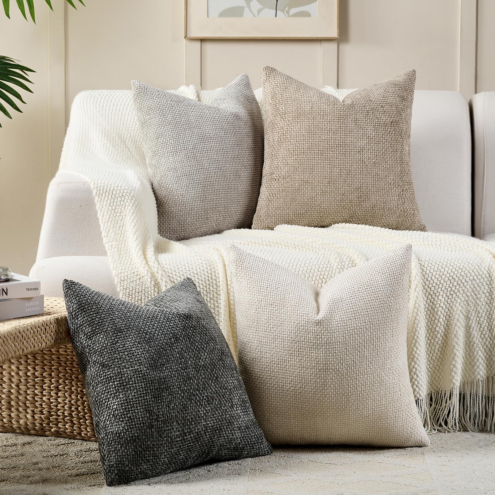 Volcanics Neutral Linen Throw Pillow Covers 20x20 Set of 4, Decorative Soft Accent Pillowcases for Couch, Bed, or Sofa, Boho Farmhouse Style for Modern Living Room Decor
