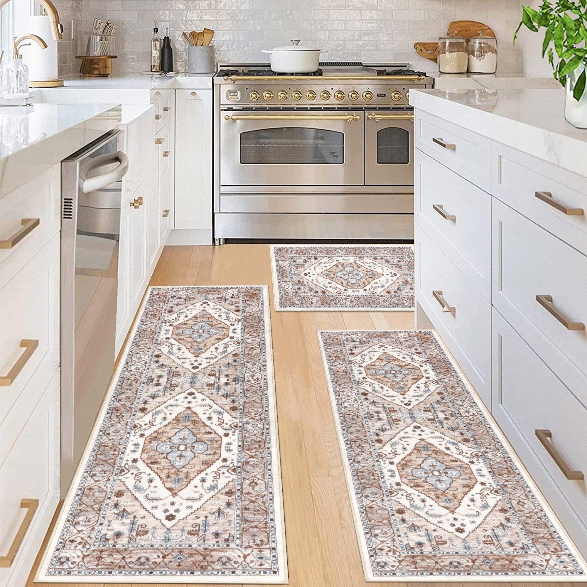 Pauwer Farmhouse Kitchen Rugs Sets of 3, Kitchen Runner Rugs Non Slip Washable, Boho Kitchen Mats for Floor, Indoor Door Mat Entrance, Laundry Room Rug, Thick Kitchen Floor Mat Carpet