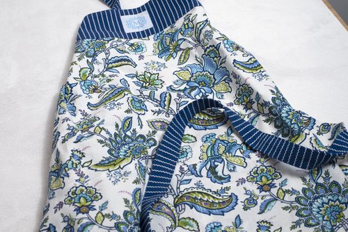 Mary DiSomma Designer Luxe Apron | Signature Floral Print Design, Navy Blue Stripe Weave, Adjustable Waist Strap, Divided Front Pocket and Adjustable Neck Strap with Gold Double Ring Clasp