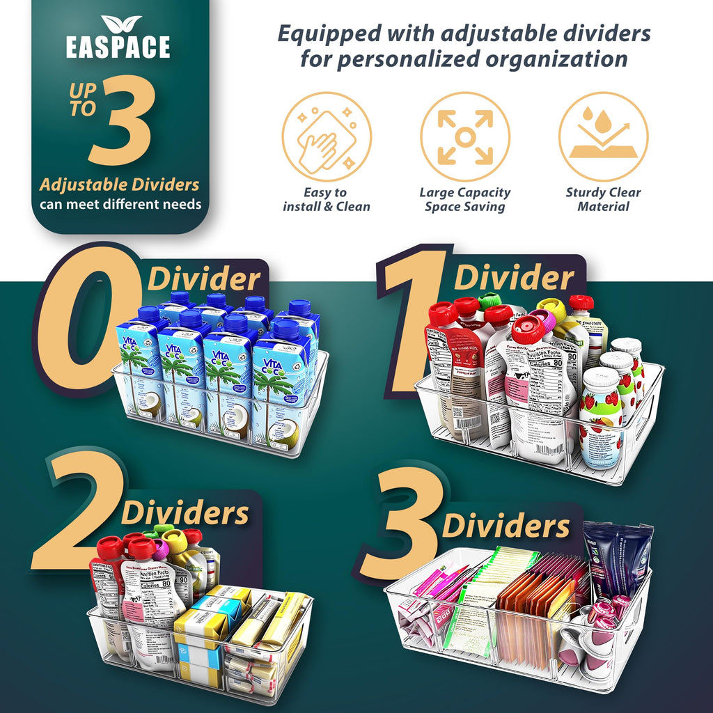EASPACE 4-Pack Pantry Organizer Bins – Clear Storage Containers for Pantry, Kitchen, Fridge, Cabinet, or Shelf – Perfect for Snacks, Food, Drinks & Multi Purpose