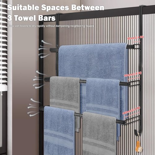 Livabber 3-Tier Over The Door Towel Rack, All Metal Towel Rack with Hooks for Door Hanging, Behind Door Towel Bar Towel Storage Holder for Bathroom Accessories, Black (22.8" L x 5.9" W x 24.4" H)