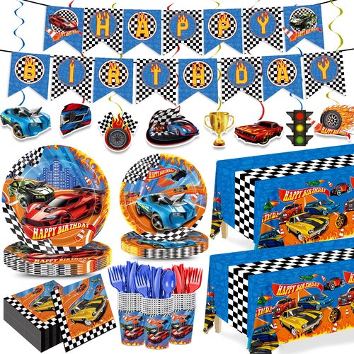 179pcs Racing Car Plates Napkins Birthday Party Decorations Disposable Tableware Set Paper Cups Banner Tablecloth Hanging Swirls Race Car Party Supplies for Kids Boys Birthday Decor 24 Guests