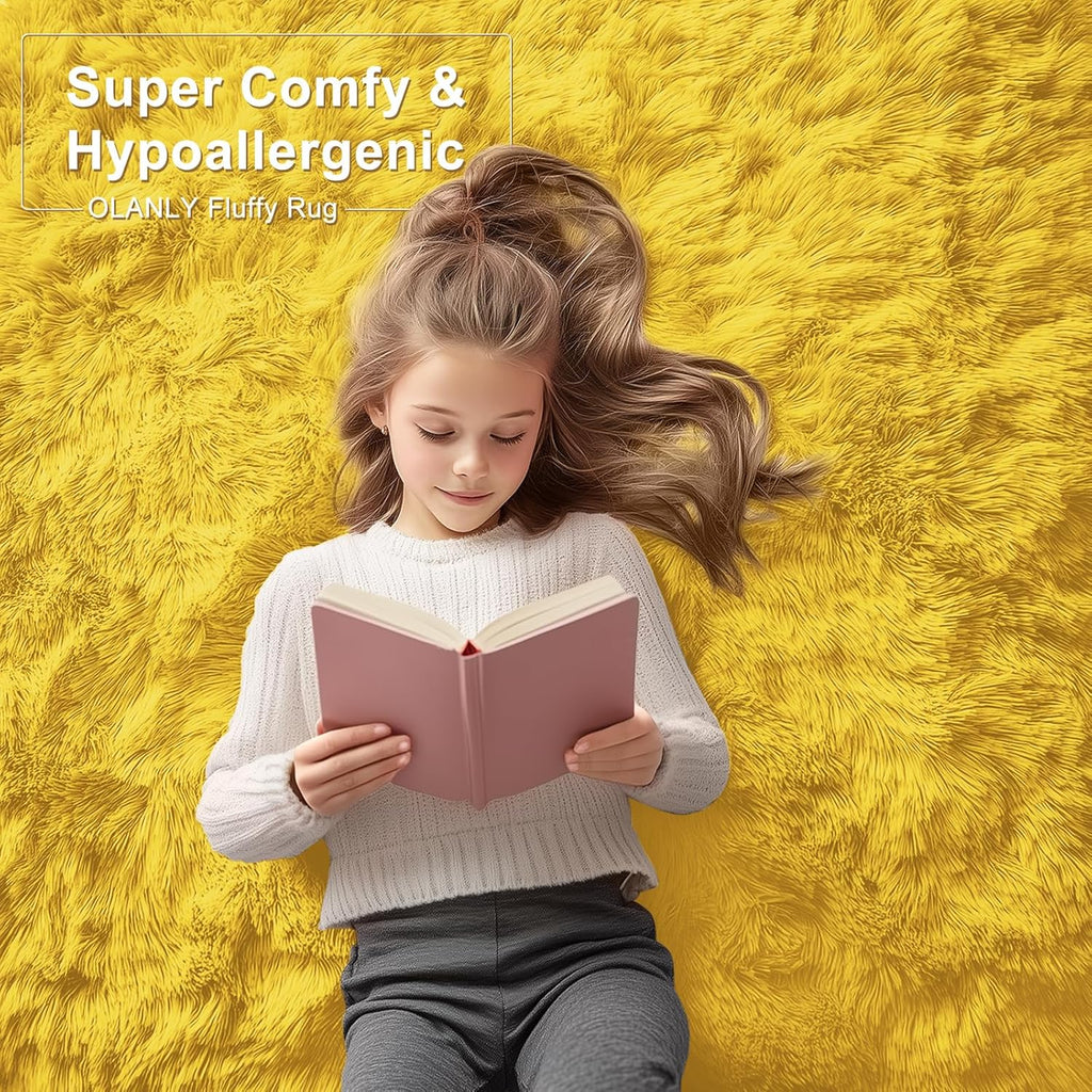 OLANLY 6x9 Machine Washable Area Rug - Soft Fluffy Shaggy Carpet for Living Room & Bedroom | Yellow