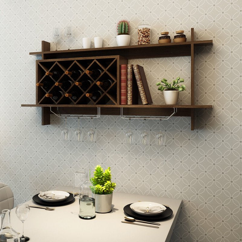 Wall Mount Wine Rack with Glass Holder & Storage Shelf - Black Walnut