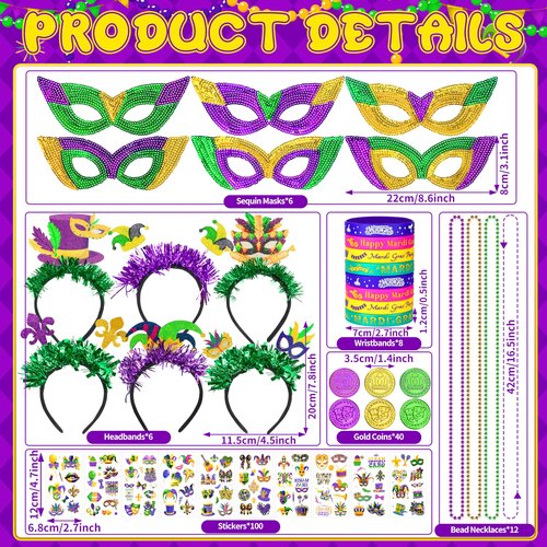 Seifar 172 Pcs Mardi Gras Accessories Set, Purple Green Gold Mardi Gras Beads Necklaces Coins Headbands Bracelets Tattoos for Mardi Gras Masquerade Parade Decor Party Favors Supplies