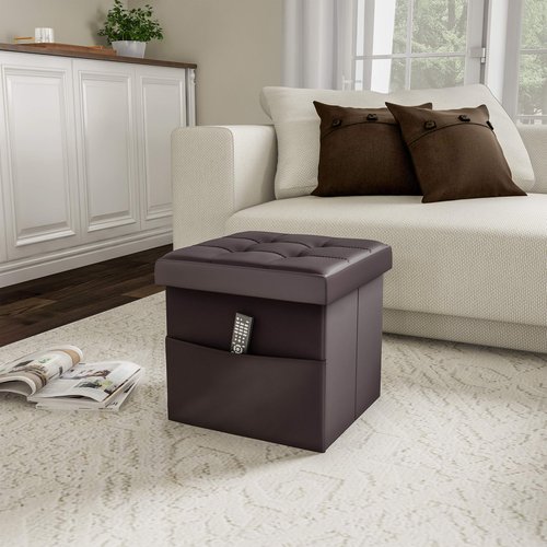 Lavish Home Foldable Storage Cube Ottoman with Pocket – Tufted Faux Leather Footrest Organizer for Bedroom, Living Room, Dorm or RV, Chocolate Brown