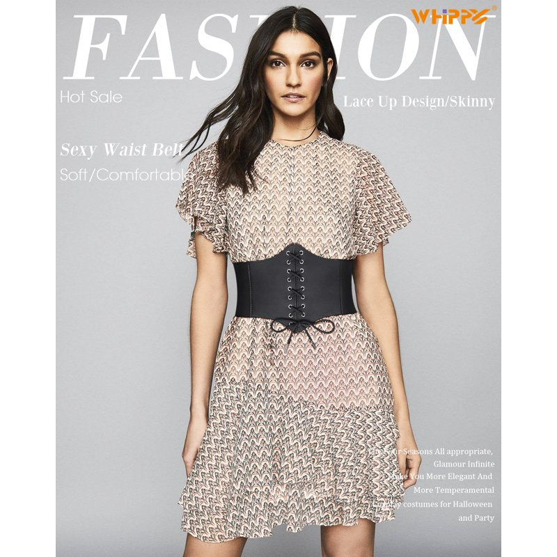 Women Lace-up Corset Waist Belt - Elastic Wide Belt for Dresses - Black, Fit 26-30"