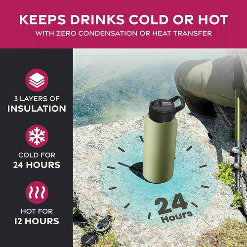 FineDine Stainless Steel Insulated Water Bottle - 32 Oz with Straw & Flip Lid - Army Green