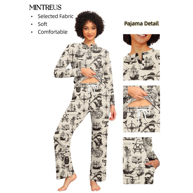 Beige Pirate Map Couple Pajama Set - Women L, Soft Sleepwear with Pockets