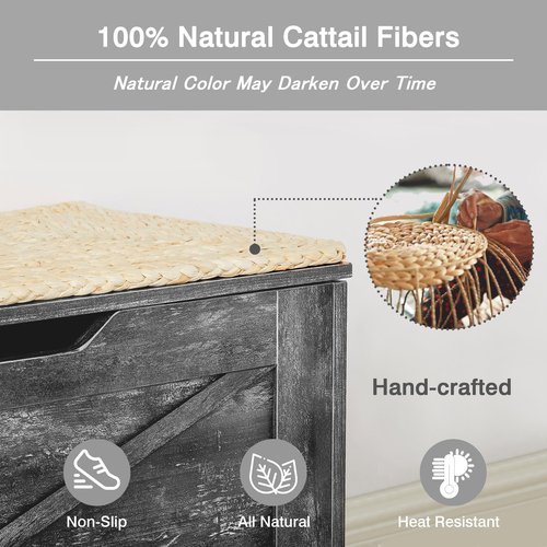 VECELO 43.3" Storage Chest with Lift Top Storage, Farmhouse Style Ottoman with Handwoven Wicker Cushion, Safety Hinges, Ideal for Entryway, Bedroom, Living Room, Coal Gray