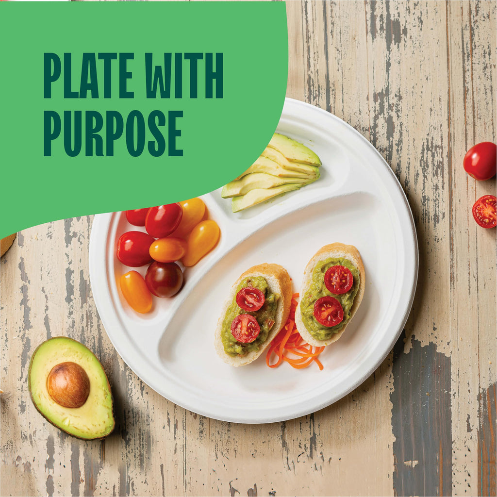 100% Compostable, 3 Compartment [10-Inch] Disposable Paper Plates [125-Pack] Sectional Lunch Trays + Dividers - Divided Platter Tray - Heavy Duty Biodegradable Bagasse (BPA-Certified) (PFAS-Free)