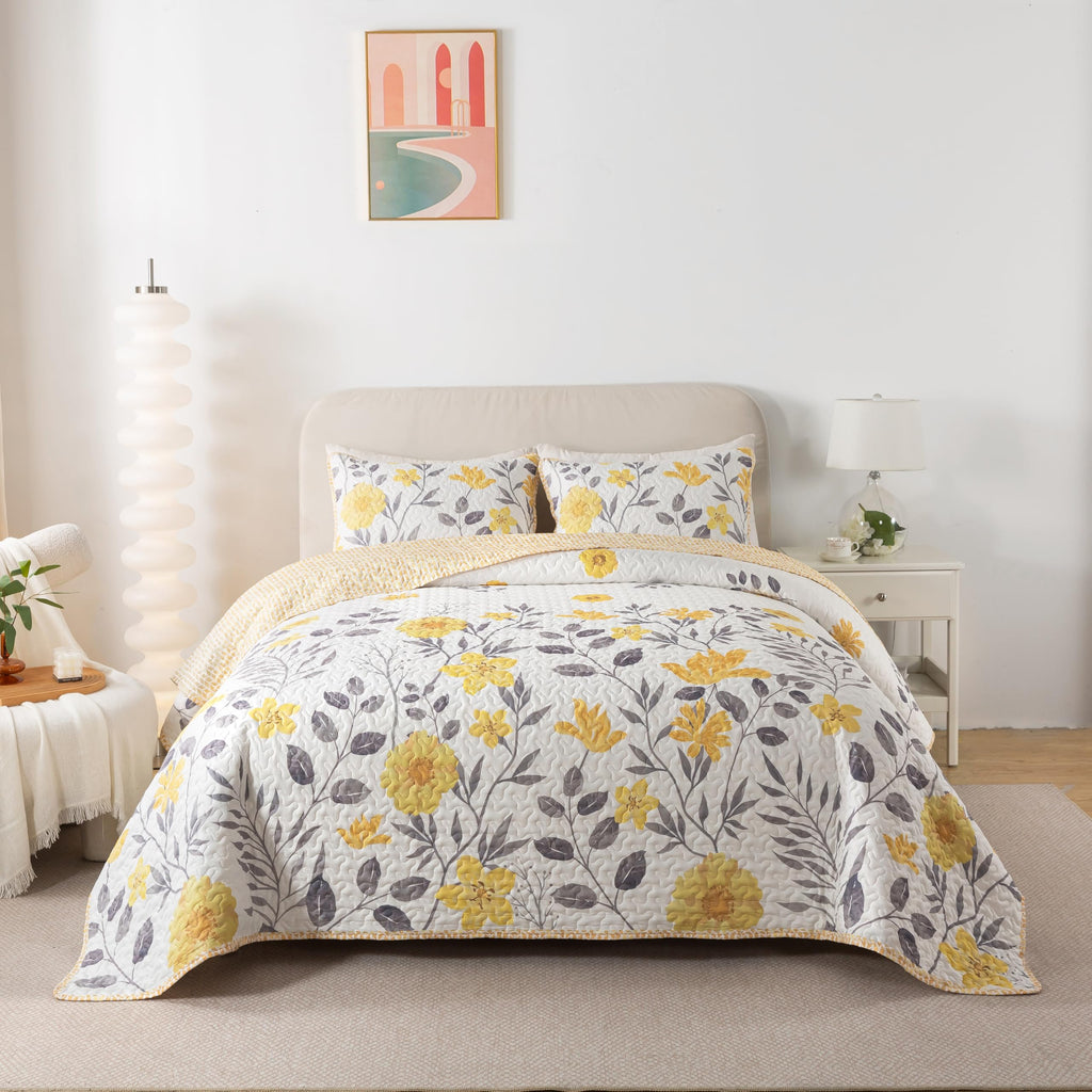 Soul & Lane May Flowers Gray and Yellow Quilt Set - Twin Size with 1 Sham, Summer Lightweight Floral Quilted Bedspread, Nature-Inspired Bedding with Flower and Botanical Pattern