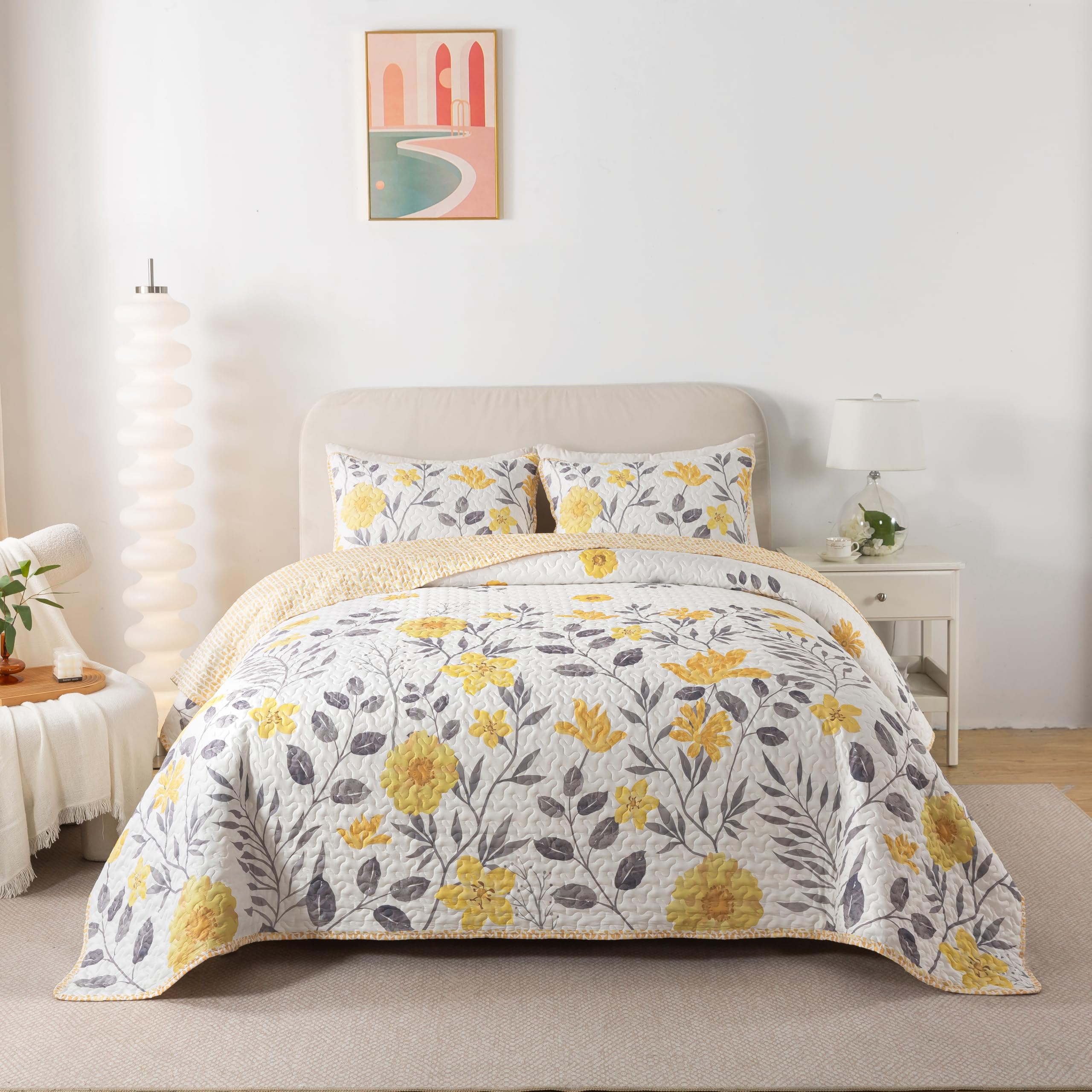 Soul & Lane May Flowers Gray and Yellow Quilt Set - Twin Size with 1 Sham, Summer Lightweight Floral Quilted Bedspread, Nature-Inspired Bedding with Flower and Botanical Pattern