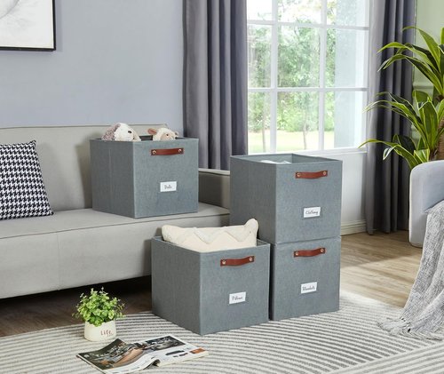 DECOMOMO Storage Cubes - 13x13x13 Fabric Organizer Bins with Labels | Set of 6 in Texture Grey