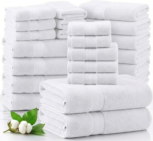 LANE LINEN 100% Cotton Bathroom Towel Set - Soft, Absorbent & Durable | 24-Piece Hotel Quality Set in White
