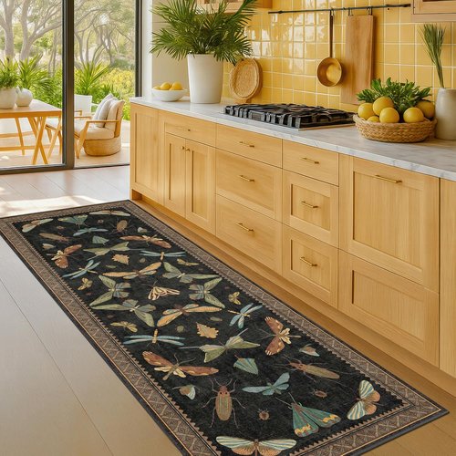 Nature Insect Fantasy | 2x6 Black Entryway Runner Rug - Washable, Non-Slip, Ultra Soft & Stain Resistant