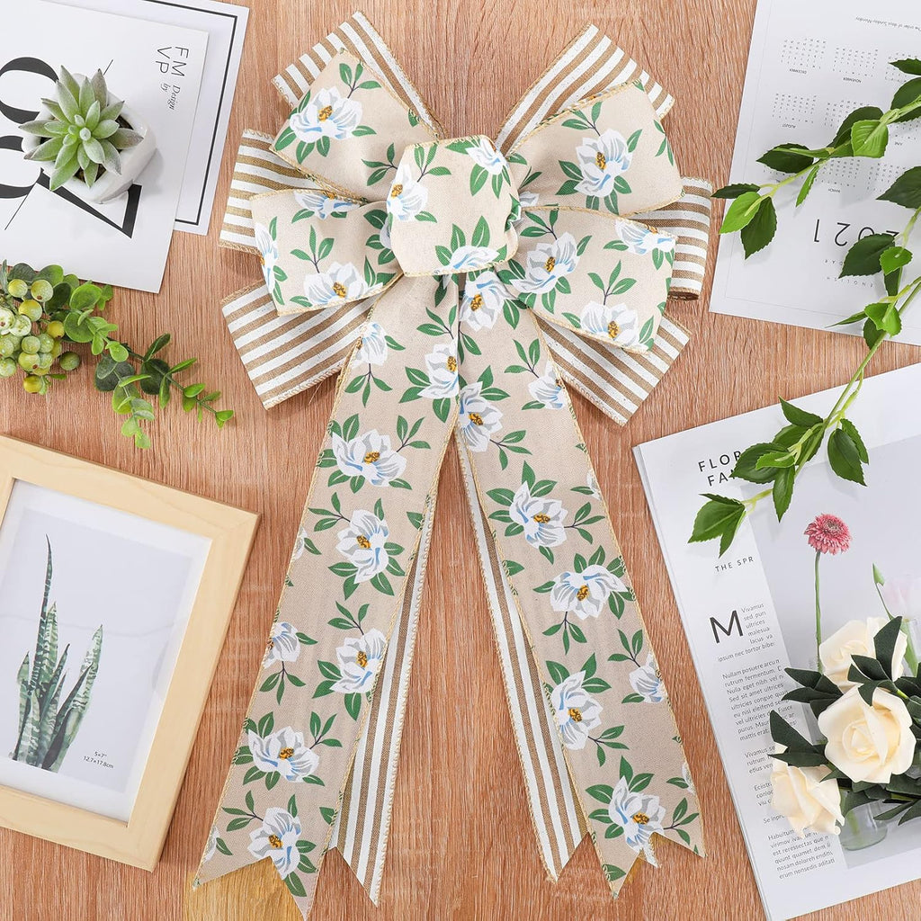 Whaline Spring Magnolia Wreath - Rustic Wired Edge Bow | Large 11 x 21 Inch Floral Decor for Home & Parties