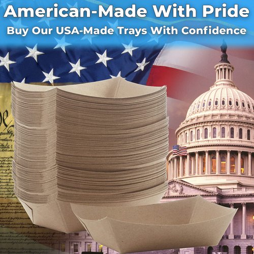 Eco Friendly USA-Made 3lb Food Holder Trays 250 Pk. Compostable Kraft Paper Container for Diners, Concession Stands or Camping. Best Sturdy 3 Lb Disposable Party Snack Boat for Nachos Tacos or BBQ.