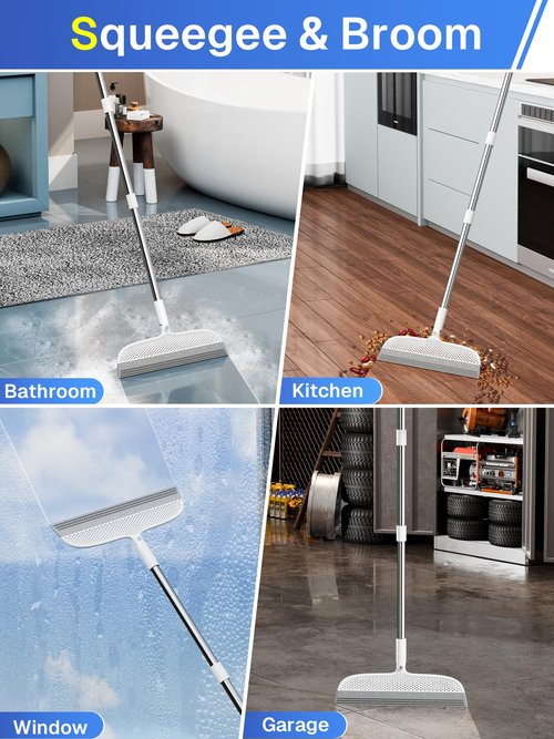 Silicone Floor Squeegee, 180° Rotating Air Broom, Squeegee for Floor with a Long Handle, Magic Broom for Water and Pet Hair Removal on Bathroom Floors, Tile, Deck and Glass, Indoor Cleaning Tool