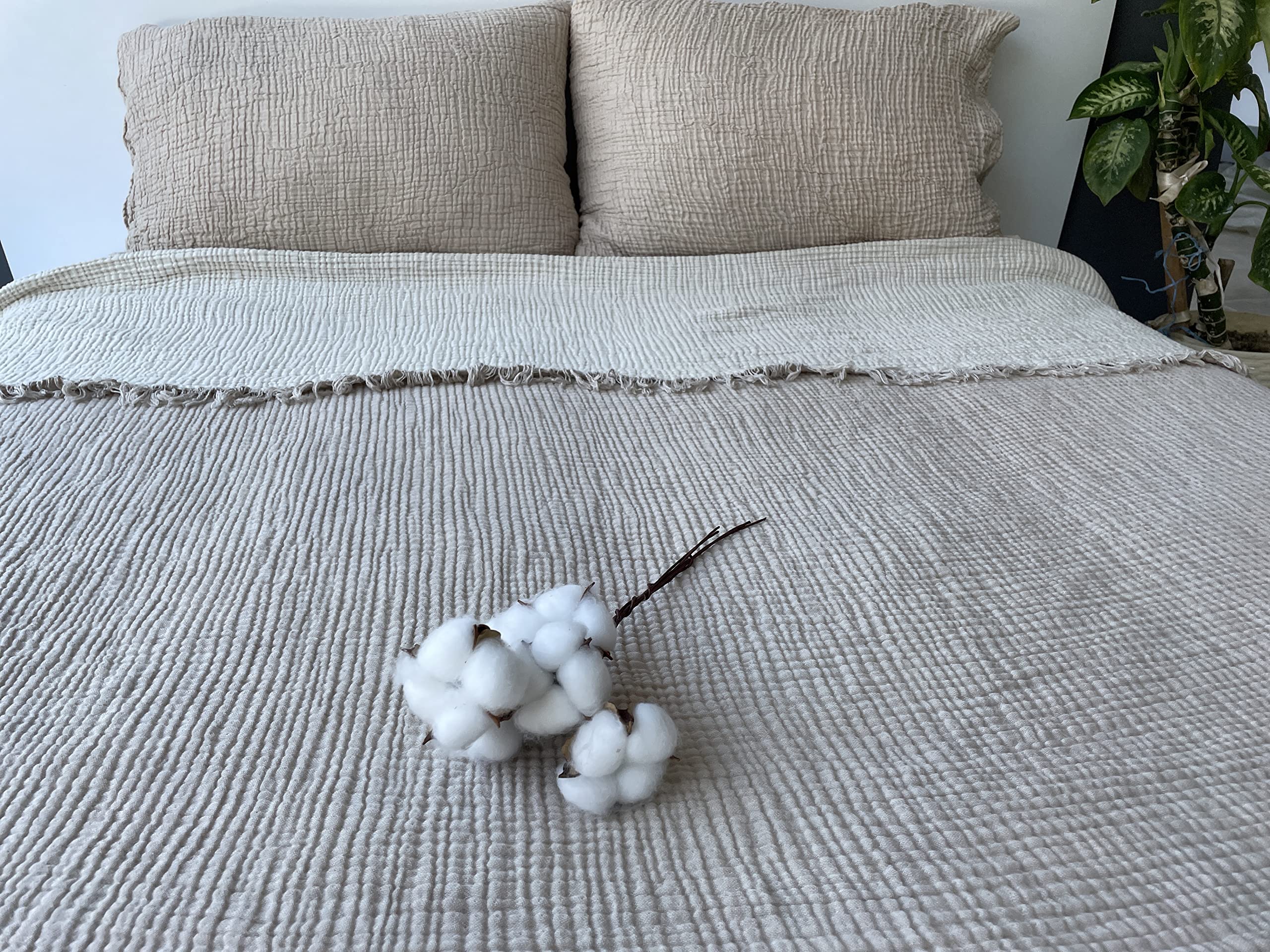 DEKADRON 100% Cotton Muslin Throw Blanket, 4 Layers Bedspread, Soft Turkish Cotton Muslin Bed Cover, Reversible Coverlet, Mink (Full/Queen Size 91x95-230x240cm)