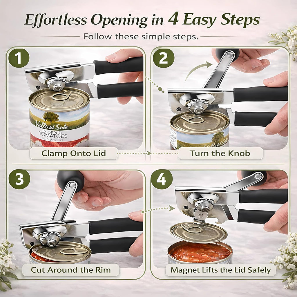 Skiennix Heavy Duty Manual Can Opener - Stainless Steel with Magnetic Lid Lifter & Bottle Opener