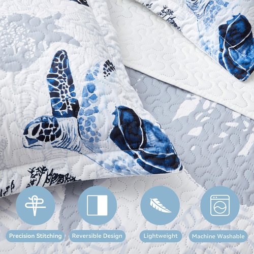 weesire Coastal Bedding California King Size Coastal Quilt with 2 Shams, Nautical Beach Comforter Sets Ocean Bedspreads Blue Seaturtle Coverlet Summer Bedding, 106''x118''