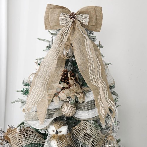 Burlap Christmas Tree Topper Bow - Rustic 13-Inch Jute Bow with Pine Cone for Holiday Decor
