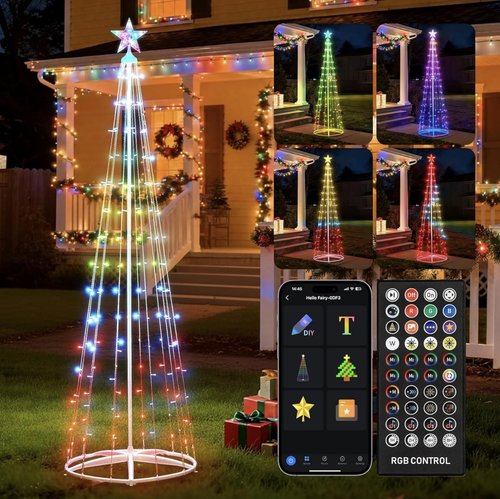 7.5Ft Smart LED Christmas Cone Tree Light, Lighted Artificial Tree with Star Topper, Music Sync with Remote APP Control, DIY RGB Light Show Tree for Xmas Indoor Outdoor Decorations (RGB)