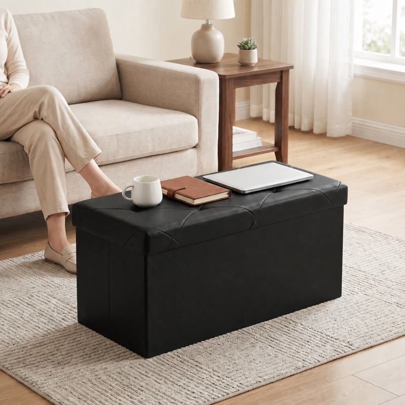 Folding Storage Ottoman Bench with Memory Foam Seat - Black
