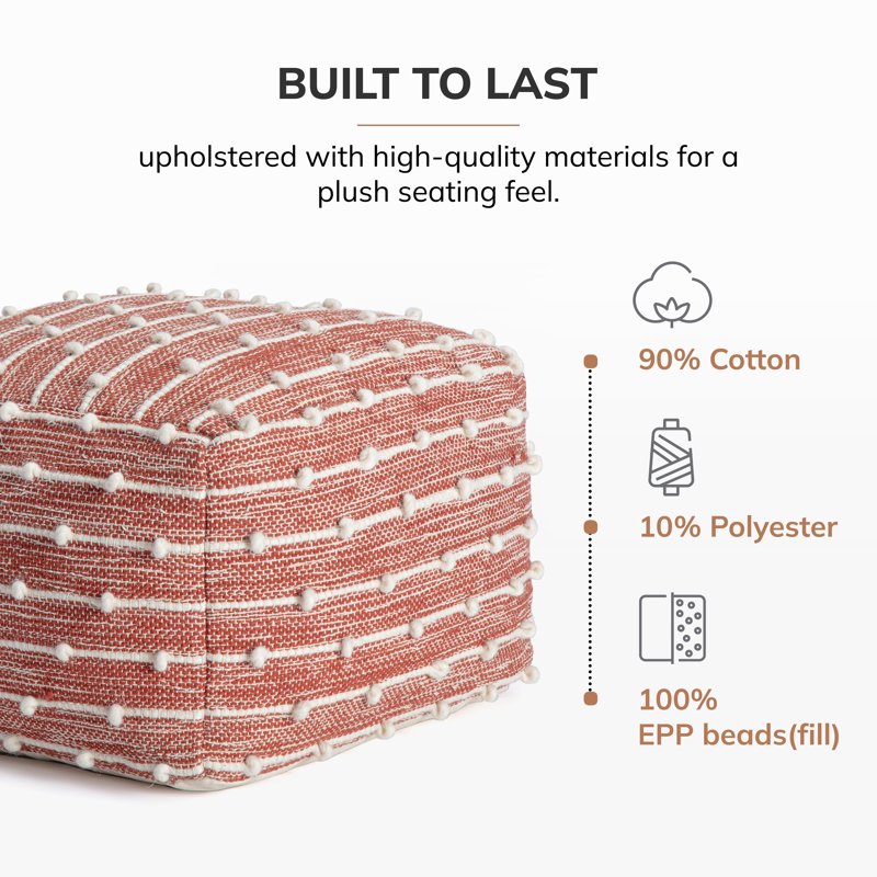 22-Inch Square Pouf Ottoman - Red & Ivory Handmade Cushion