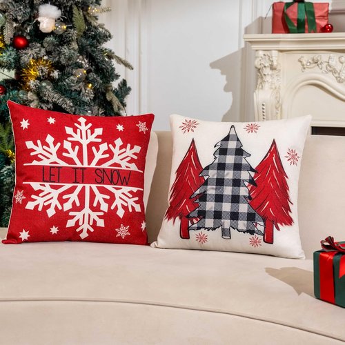 Hongsome Red Christmas Throw Pillow Covers - Set of 4 Joyful Snowflake Design | 18x18 Inches for Holiday Decor