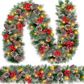 2 Pack Prelit Christmas Garland Each 9 Ft 100 Lights Timer 8 Mode, Cedar Garland Thick 300 Tips Snowy Bristle Pine 198 Berry 18 Pinecones Battery Operated Mantle Xmas Decoration Total 18 Ft 200 LED