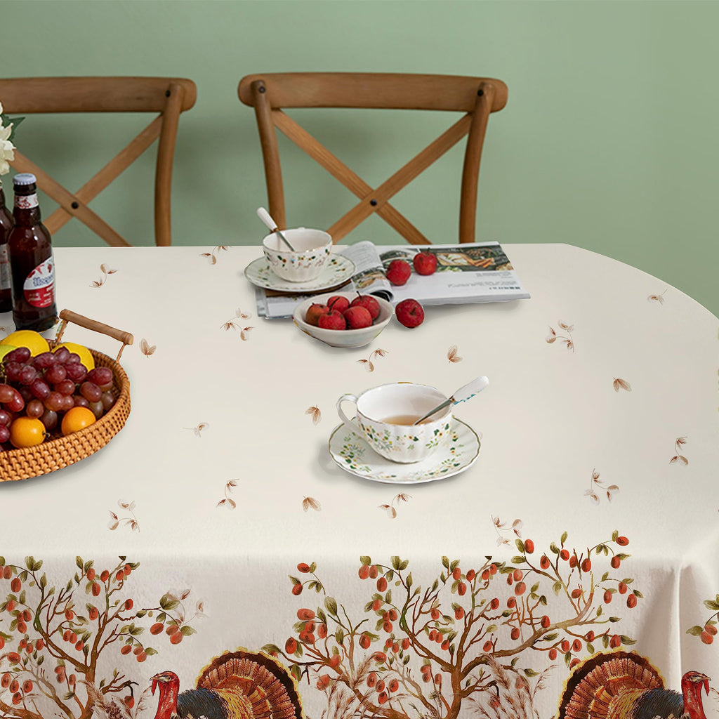 Virtumob Fall Thanksgiving Double Border Decoration Tablecloth, Turkey & Pumpkin Harvest Tablecloths, Waterproof Table Cover for Dinner Kitchen Party Holiday Decorations Oval 60 x 84 Inch