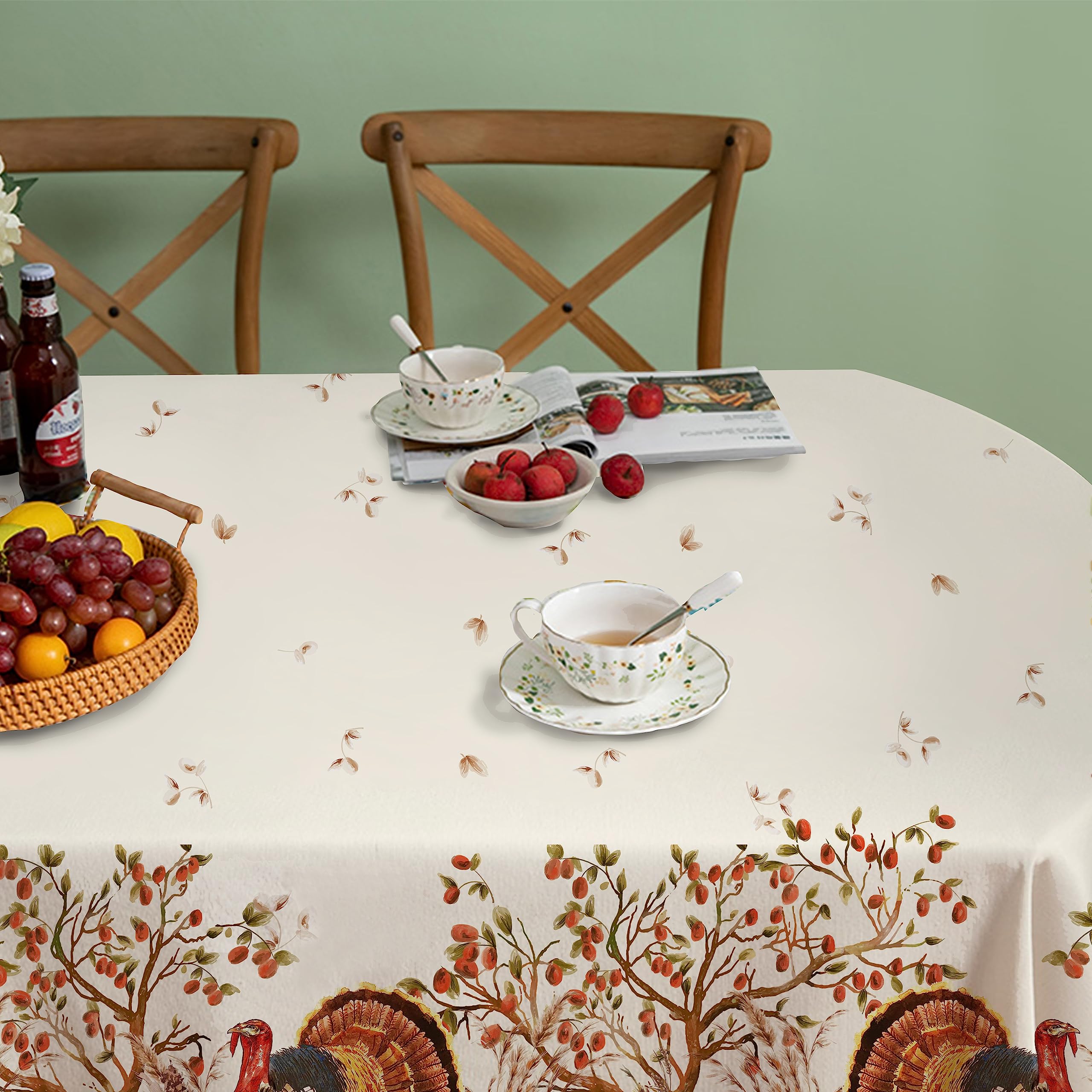 Virtumob Fall Thanksgiving Double Border Decoration Tablecloth, Turkey & Pumpkin Harvest Tablecloths, Waterproof Table Cover for Dinner Kitchen Party Holiday Decorations Oval 60 x 84 Inch