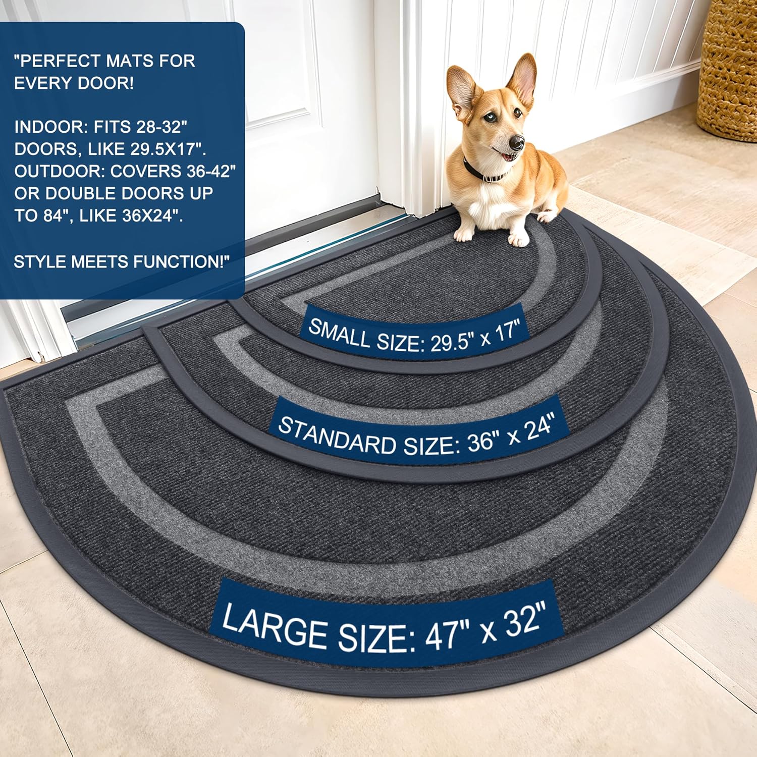 OLANLY Half Circle Door Mat - Waterproof All-Season Welcome Mat | Sturdy Natural Rubber, 47x32, Grey