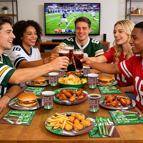 Piooluialy Football Party Decorations Tableware - Football Party Supplies Set, Include Dinner Plates, Cups, Napkins, Cutlery, for Touchdown Boys Football Party Supplies | 24 Guests
