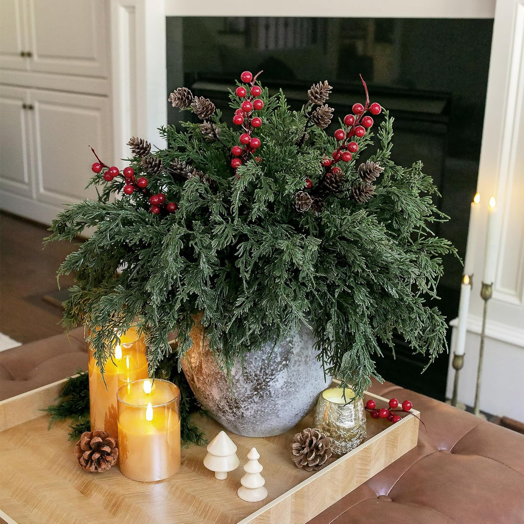 Norfolk Pine Faux Cedar Stems - 17 PCS Realistic Greenery with Pinecones & Red Berries for Christmas Decor