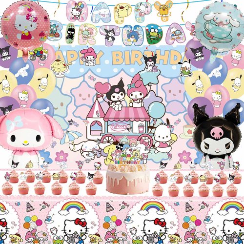 Cartoon Birthday Party Decorations, Include Latex Foil Balloons Backdrop Happy Birthday Banner Tablecloth Hanging Swirls Cupcake Cake Toppers Stickers Supplies