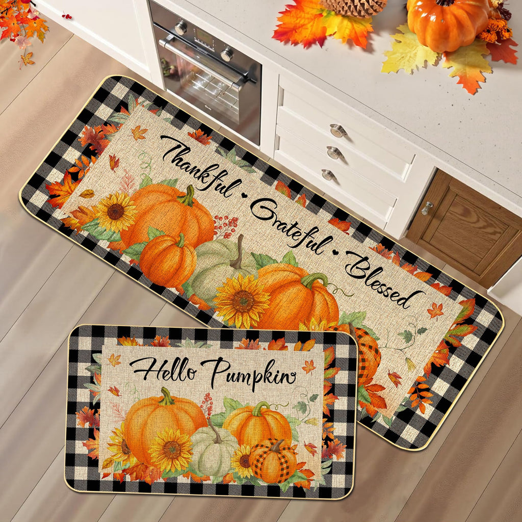 2 Pieces Hello Pumpkin Kitchen Mat Autumn Kitchen Rugs Thanksgiving Decorative Door Mats, Home Seasonal Fall Holiday Party Autumn Maple Leaves Harvest Thankful Grateful Blessed Low-Profile Floor Mat