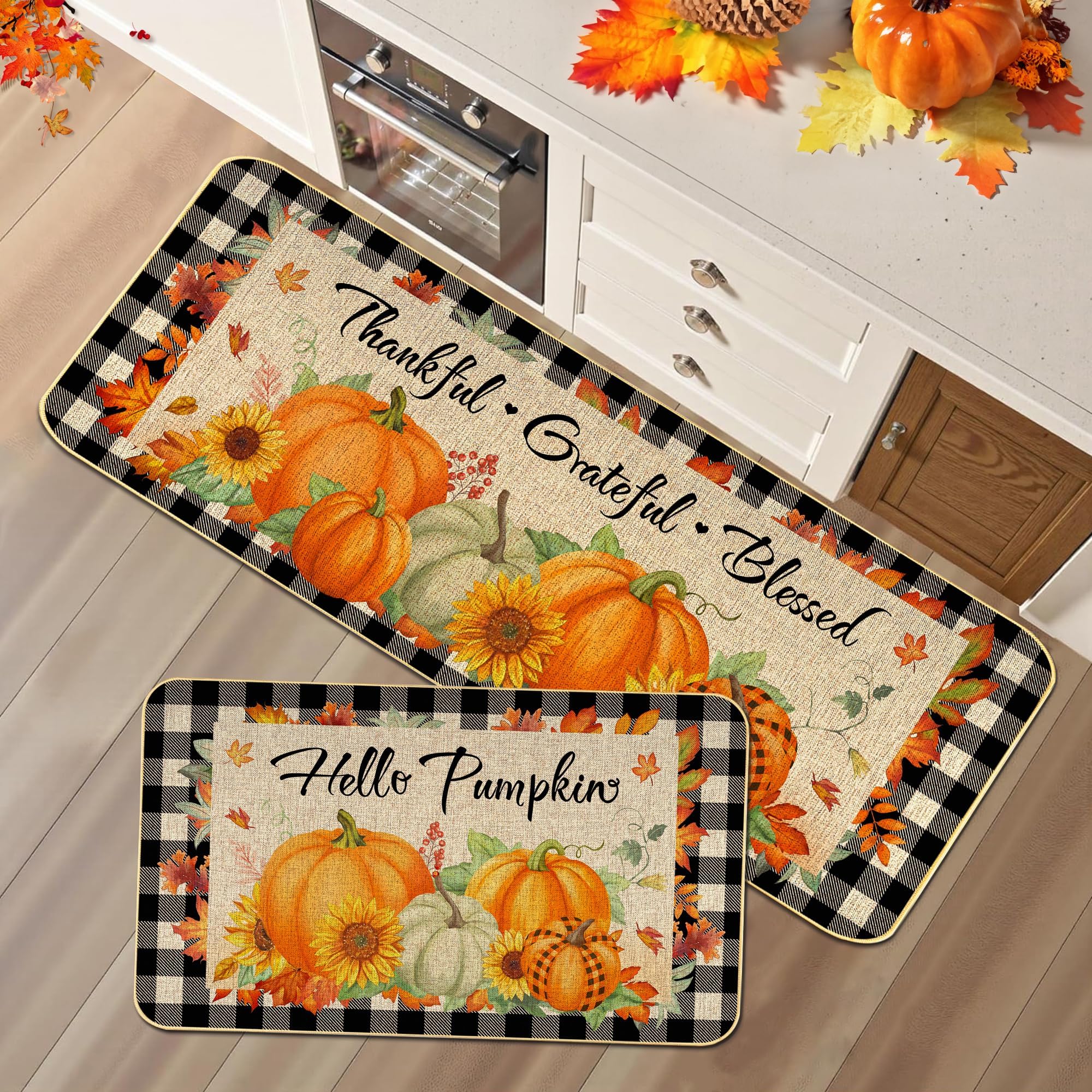 2 Pieces Hello Pumpkin Kitchen Mat Autumn Kitchen Rugs Thanksgiving Decorative Door Mats, Home Seasonal Fall Holiday Party Autumn Maple Leaves Harvest Thankful Grateful Blessed Low-Profile Floor Mat