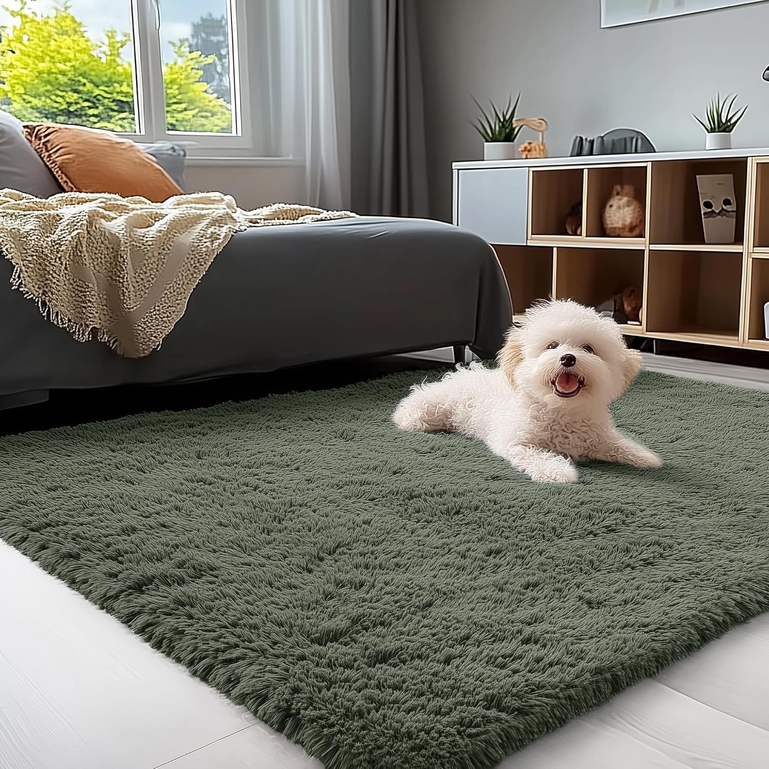 OLANLY Soft Fluffy Shaggy Bedside Rug - Machine Washable 3x5 for Kids & Nursery | Olive Green Home Decor