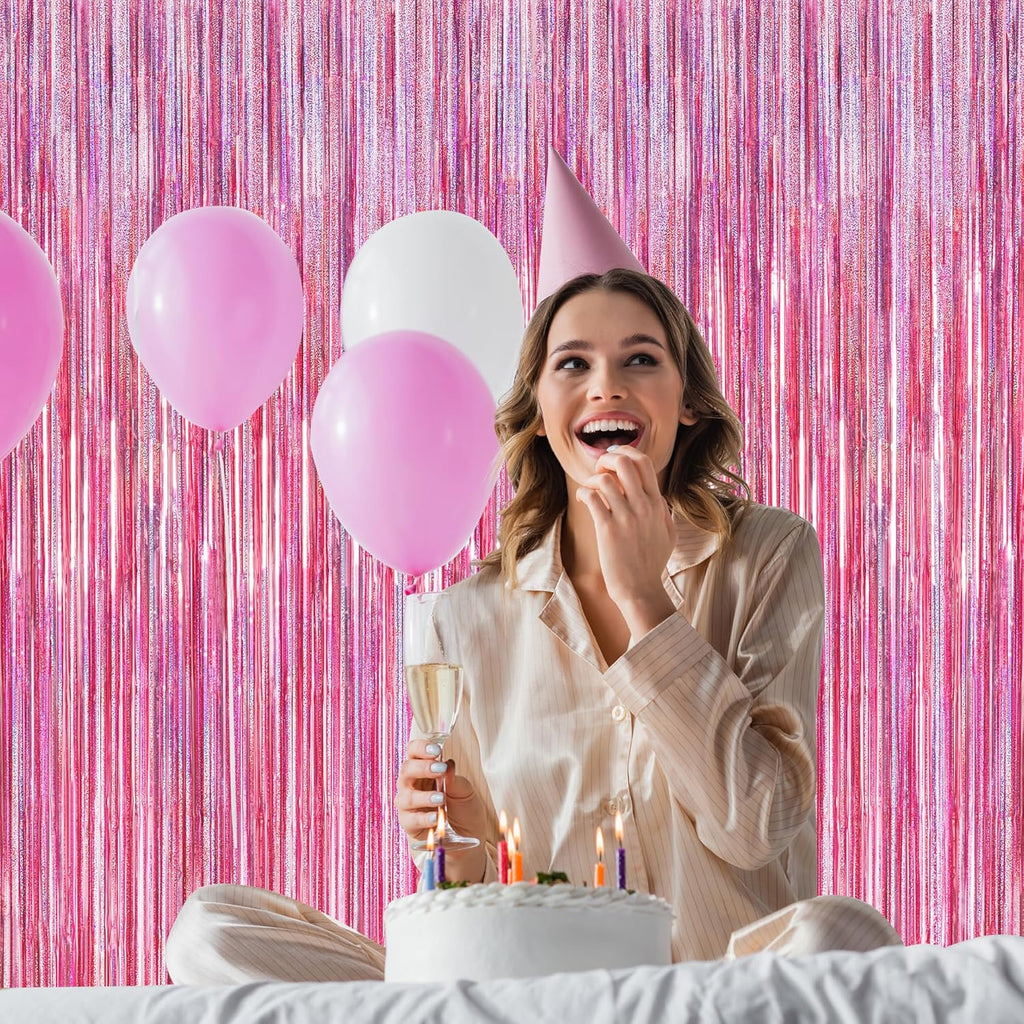 Skiennix Pink Backdrop - 8 Pack Metallic Glitter Fringe Curtains | 3.28 FT x 7.05 FT Party Decor