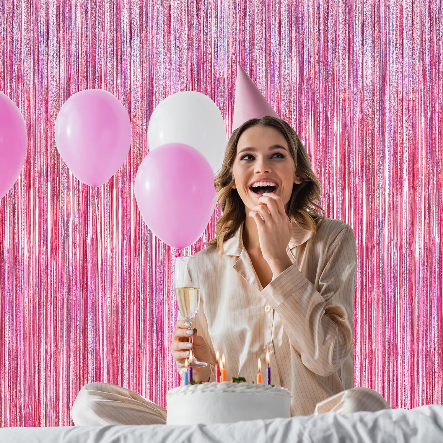 Skiennix Pink Backdrop - 8 Pack Metallic Glitter Fringe Curtains | 3.28 FT x 7.05 FT Party Decor