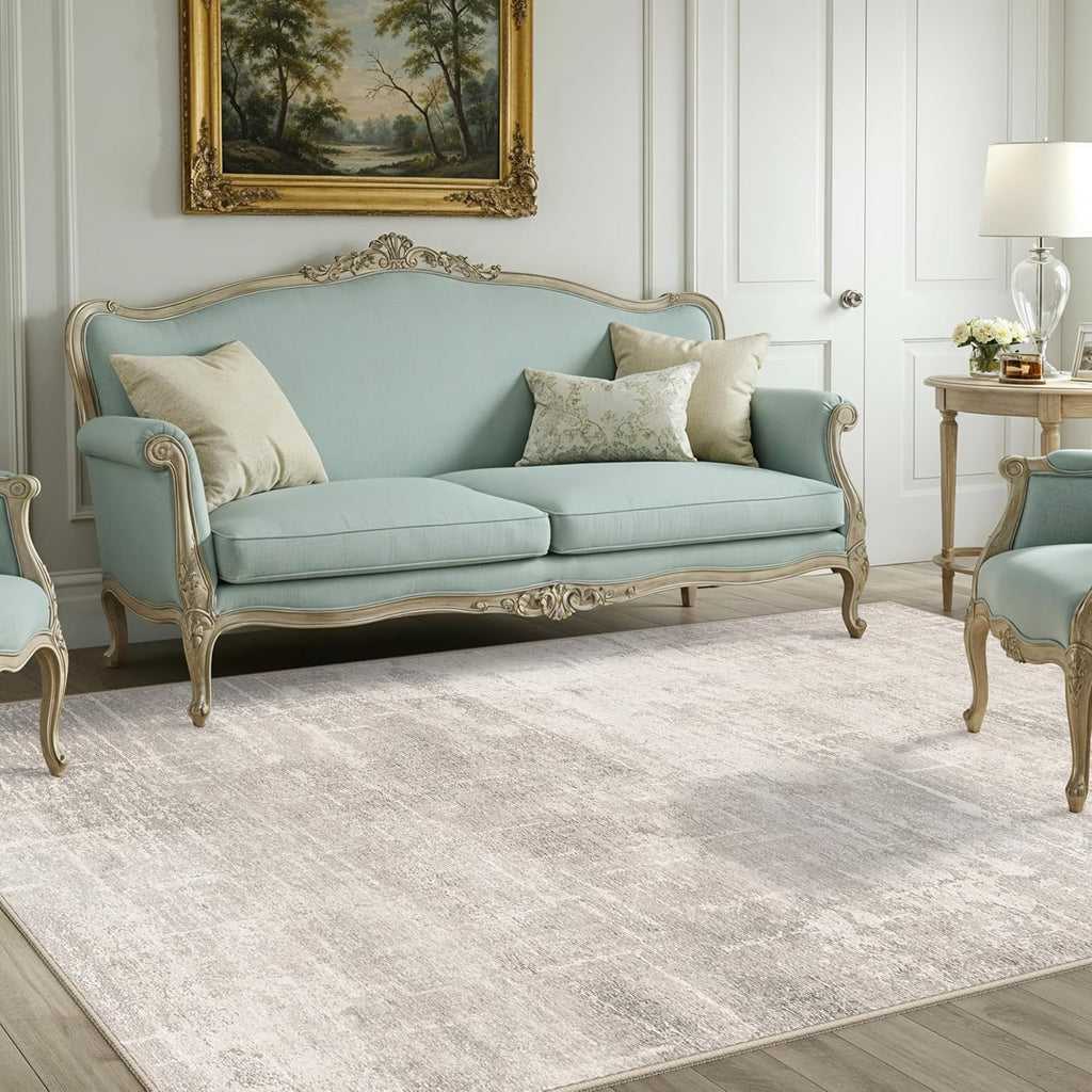 Skiennix Washable 4x8 Hallway Area Rug - Abstract Water-Resistant Soft Runner Mat | Non-Slip Beige/Cream