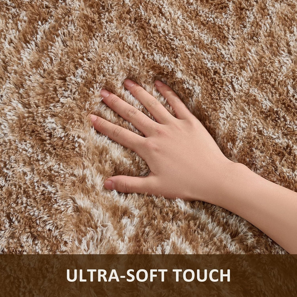 Ophanie Brown & White Diamond Striped Area Rug - Fluffy Shag Soft Carpet for Living Room 5x7