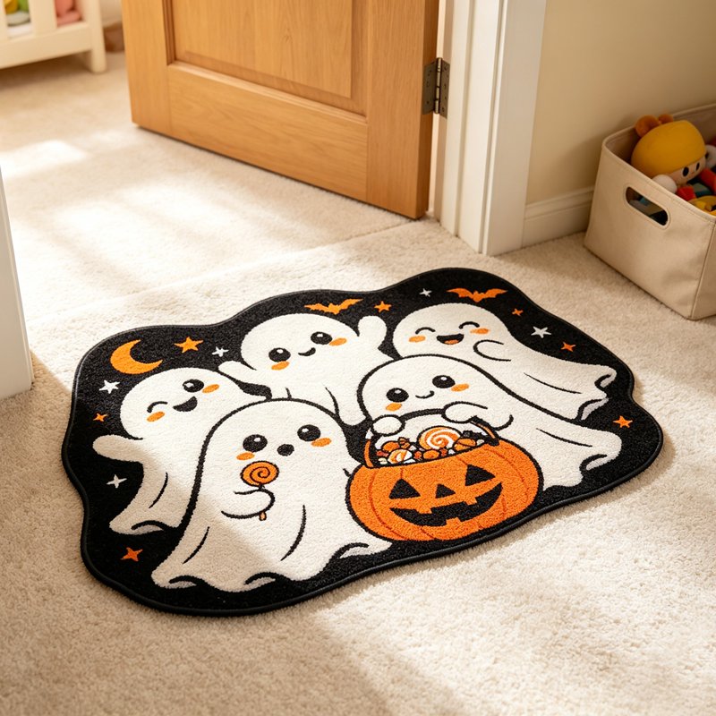 Halloween Door Mat with Ghost Pattern - Irregular Shaped Non Slip Absorbent Welcome Mat - Multicolor