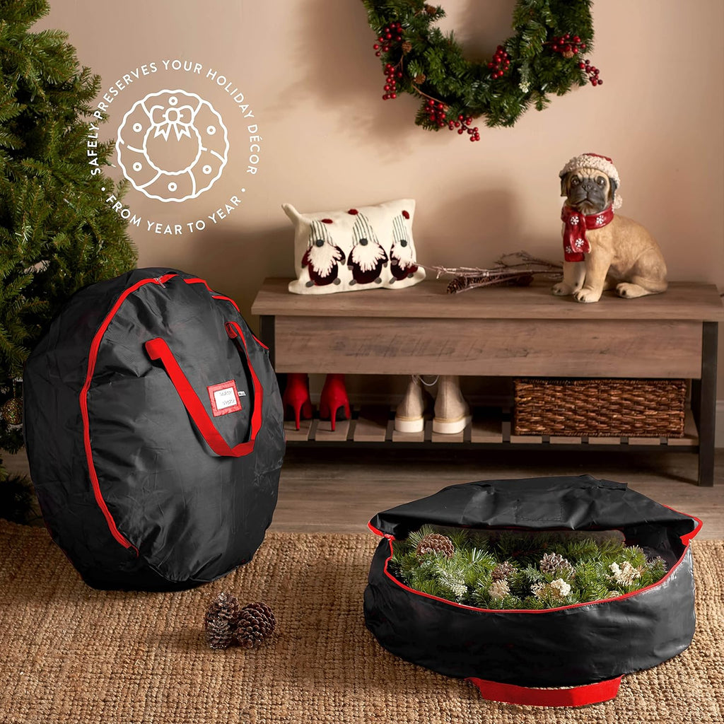 ZOBER Oxford Christmas Wreath Storage Container - 48 Inch Waterproof Bag with Dual Zippers & Durable Handles - Black