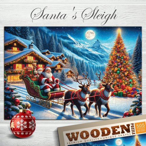WOODEN.CITY 500-Piece Wooden Puzzle – Santa's Sleigh with 50 Christmas-Themed Shaped Pieces, 15.5 x 10.5 in – Designed and Made in the EU